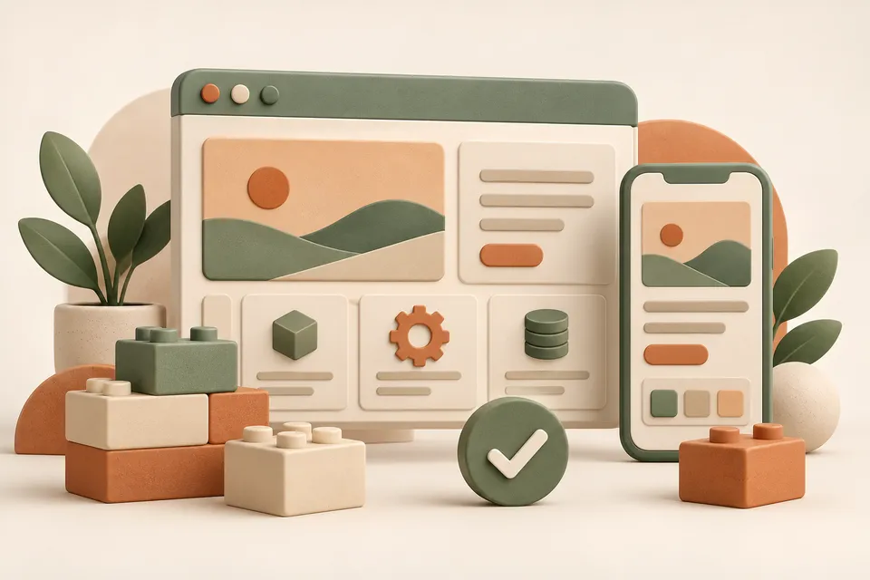 Concept illustration of modular website components, a mobile screen and a quality-check token