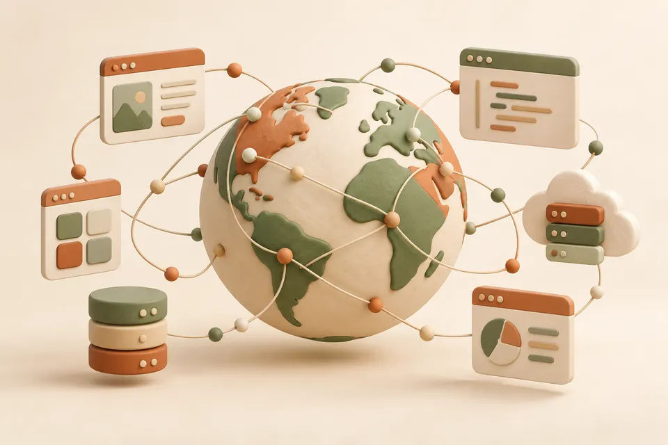 Concept illustration of a globe connecting website screens and data tools across the world