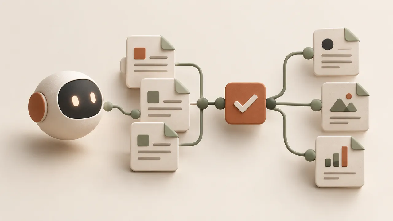 Concept illustration of an AI assistant with a review checkpoint